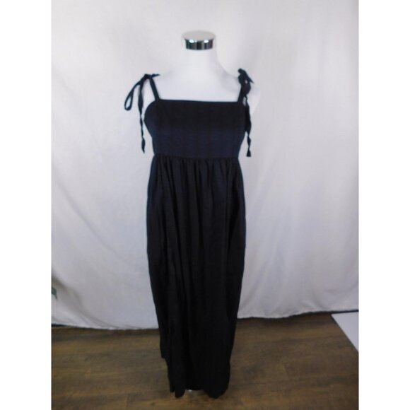 Smocked Bodice Maxi Dress Womens Large Black Tie Strap Pockets Sundress - Picture 1 of 11